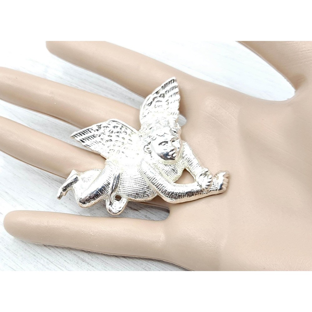 Vintage Cherub Brooch Textured Silvertone Winged Angel Figural Jewelry